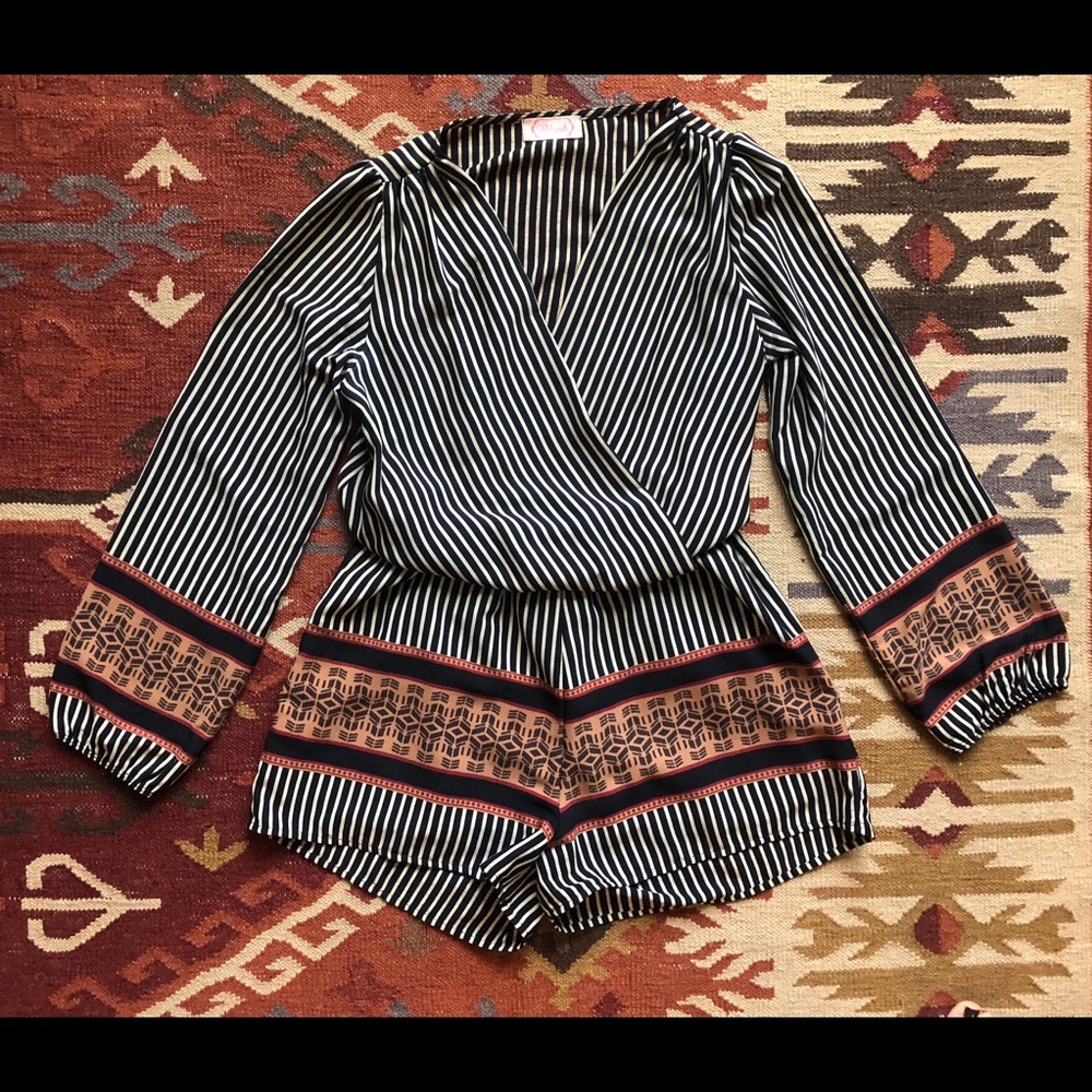 Blush Striped, Low-Cut Romper With Aztec Print